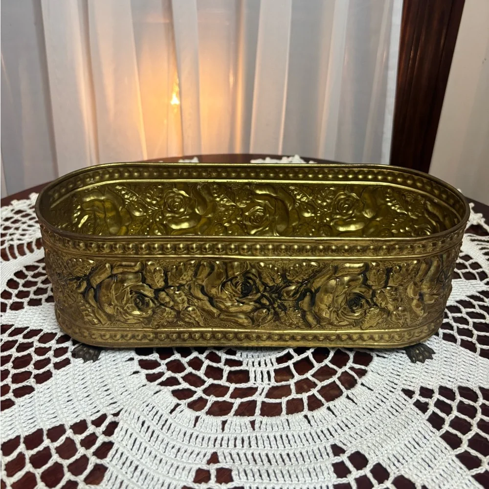 Vintage Brass Footed Planter Ornate Oval Embossed Floral Rose Victorian Luxury
